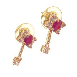 Gold red and white CZ dragonfly dangle earrings